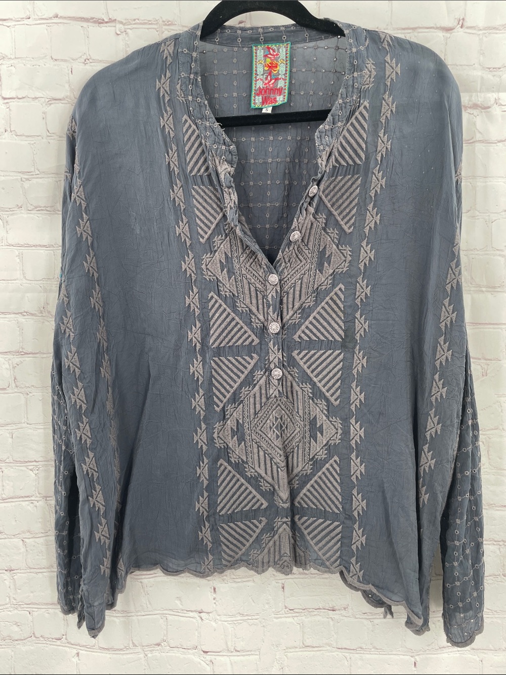 Johnny Was Slate Blue Embroidered Button-Down Blouse Small Rayon